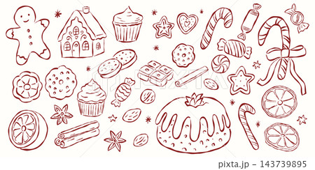 Christmas Sweets and Gingerbread Bakery Line Art Set 143739895