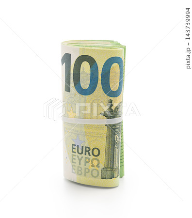 Pack of euro bills rolled with a rubber band isolated Pack of euro bills rolled with a rubber band isolated 143739994