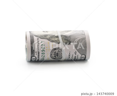 Pack of dollars rolled with a rubber band isolated Pack of dollars rolled with a rubber band isolated 143740009