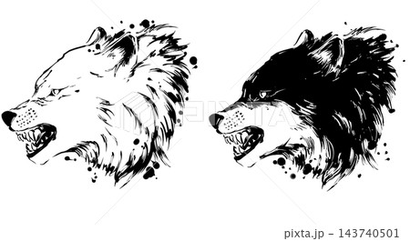 【ベクター】力強く吠える狼の横顔の墨絵イラスト チームロゴ・和風素材 143740501