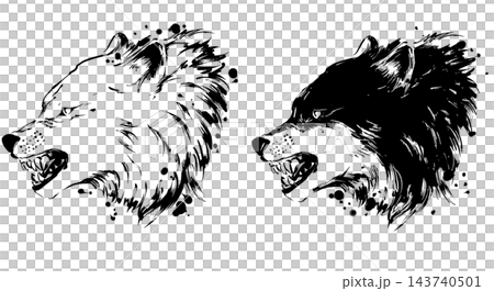 【ベクター】力強く吠える狼の横顔の墨絵イラスト チームロゴ・和風素材 143740501