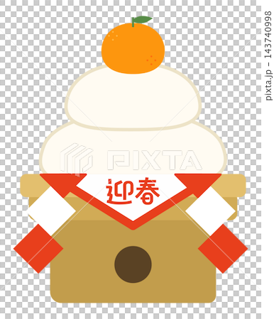 A New Year's auspicious Kagami Mochi (rice cake offering) adorned with the characters for "Welcoming Spring" and a gohei (paper streamer). 143740998