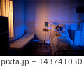 Hospital room wide view empty patient distant in frame, evening light through blinds casts shadow across bed and guest chair, mood of isolation and quiet healing Hospital room wide view empty patient distant in frame, evening light through blinds casts shadow across bed and guest chair, mood of isolation and quiet healing 143741030