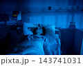 Hospital bed at night patient lying arms behind head under blue light, bedside monitor glowing, quiet ward atmosphere, reflective mood and visible medical equipment Hospital bed at night patient lying arms behind head under blue light, bedside monitor glowing, quiet ward atmosphere, reflective mood and visible medical equipment 143741031