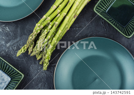Raw green asparagus, food photography 143742591