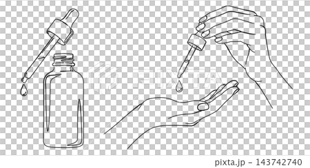 美容液をスポイトで落とす手元のシンプルな手書き風線画イラスト（スキンケア、化粧品、ボトル、素材） 143742740