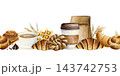 Hot coffee with fresh croissants watercolor seamless horizontal border with cinnamon rolls, braided buns and wheat. Hand drawn bakery repeat banner for menus and cafe food designs 143742753
