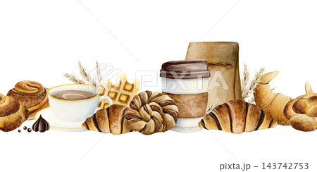 Hot coffee with fresh croissants watercolor seamless horizontal border with cinnamon rolls, braided buns and wheat. Hand drawn bakery repeat banner for menus and cafe food designs 143742753