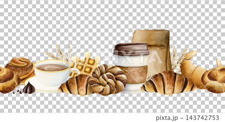 Hot coffee with fresh croissants watercolor seamless horizontal border with cinnamon rolls, braided buns and wheat. Hand drawn bakery repeat banner for menus and cafe food designs 143742753
