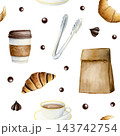 Bakery pastry watercolor seamless pattern with kraft paper bag, metal tongs, croissant and coffee cup on white. Takeaway breakfast pastries repeat background in hand drawn realistic style 143742754