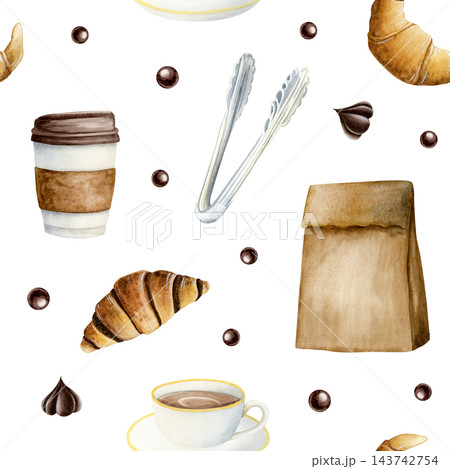 Bakery pastry watercolor seamless pattern with kraft paper bag, metal tongs, croissant and coffee cup on white. Takeaway breakfast pastries repeat background in hand drawn realistic style Bakery pastry watercolor seamless pattern with kraft paper bag, metal tongs, croissant and coffee cup on white. Takeaway breakfast pastries repeat background in hand drawn realistic style 143742754