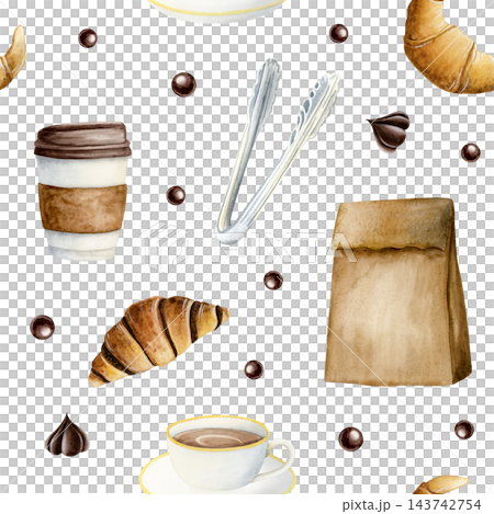 Bakery pastry watercolor seamless pattern with kraft paper bag, metal tongs, croissant and coffee cup on white. Takeaway breakfast pastries repeat background in hand drawn realistic style Bakery pastry watercolor seamless pattern with kraft paper bag, metal tongs, croissant and coffee cup on white. Takeaway breakfast pastries repeat background in hand drawn realistic style 143742754