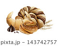 Fresh pastry croissants and cinnamon braided buns watercolor illustration for French breakfast and coffee break designs isolated on white. Delicious sweet food from bakery with wheat and chocolate 143742757