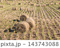 秋の風景　稲わらロールと収穫の後の田んぼ 143743088