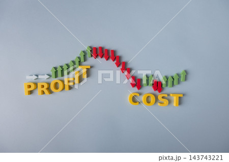 Profit and cost management concept with fluctuating business performance arrows 143743221