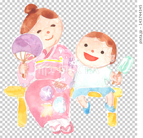 ベンチに座る浴衣姿のお母さんとアイスを食べる子どもの水彩イラスト 143744345