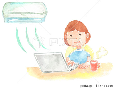 冷房の効いた部屋で仕事をする女性のイラスト 冷房の効いた部屋で仕事をする女性のイラスト 143744346