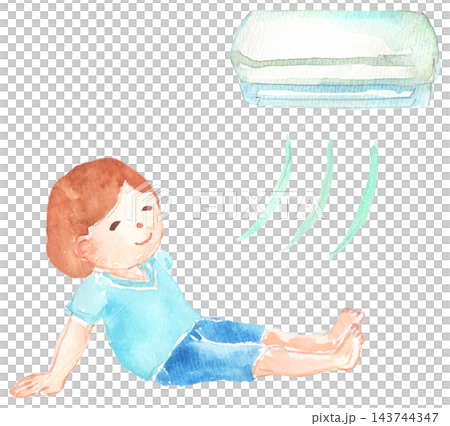 A watercolor illustration of a woman relaxing in an air-conditioned room. 143744347