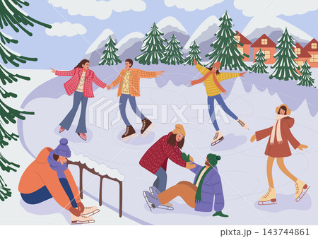 Happy friends skating on a frozen lake. Woman tying skates, helping fallen friend. Snowy mountains and Christmas houses. Perfect for winter banners and cards. 143744861
