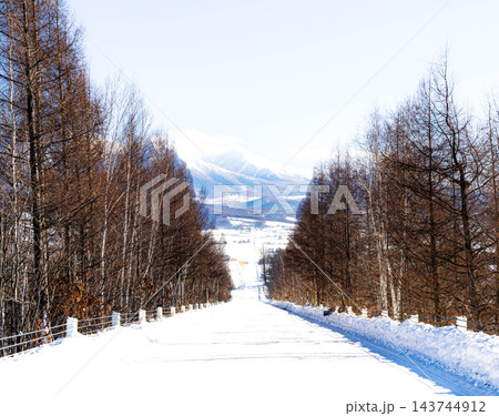 北海道上富良野町の上富良野八景であるパノラマローロード江花の風景 143744912