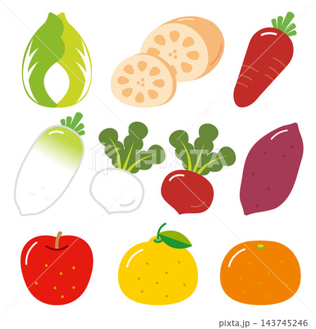 冬の野菜と果物のイラストセット 旬の食材アイコン 143745246