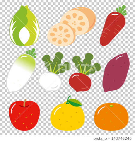 冬の野菜と果物のイラストセット 旬の食材アイコン 143745246