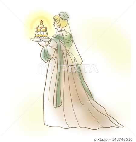 ケーキを運ぶクラシカルなドレスの女性イラスト 143745510