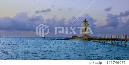 Alexandria Egypt Lighthouse and Mediterranean Sea at Sunset, Peaceful Seascape with Historic Pier, Magical Clouds, Amazing Sky, Solitude, Calm Alexandria Egypt Lighthouse and Mediterranean Sea at Sunset, Peaceful Seascape with Historic Pier, Magical Clouds, Amazing Sky, Solitude, Calm 143746971