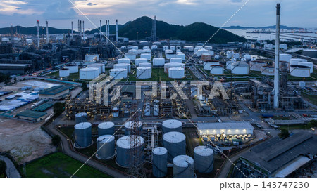 Oil and Gas refinery petrochemical plant industrial, Aerial view oil refinery, Refinery plant, Refinery factory. Oil and Gas refinery petrochemical plant industrial, Aerial view oil refinery, Refinery plant, Refinery factory. 143747230