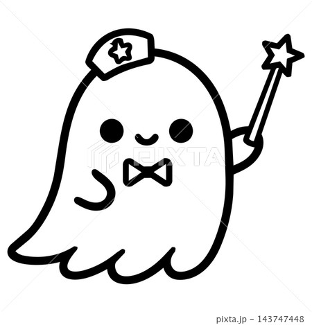Cute halloween characters ghost holding magic wand and smiling Cute halloween characters ghost holding magic wand and smiling 143747448