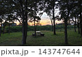 三日月と夕焼けに染まる空、田園風景 143747644