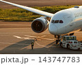 夕日を浴びてプッシュバックされる旅客機　旅客機をプッシュバックするトーイングカー　 143747783