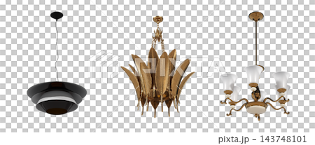 chandelier on the ceiling isolated on transparent background, hanging lamp, pendant light, 3D illustration, cg render chandelier on the ceiling isolated on transparent background, hanging lamp, pendant light, 3D illustration, cg render 143748101