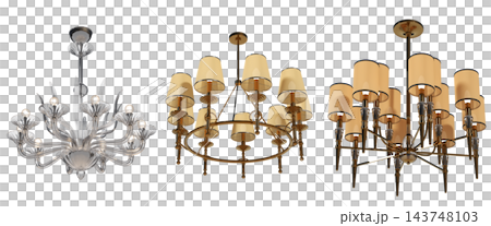 chandelier on the ceiling isolated on transparent background, hanging lamp, pendant light, 3D illustration, cg render chandelier on the ceiling isolated on transparent background, hanging lamp, pendant light, 3D illustration, cg render 143748103