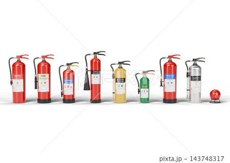 Nine Types of Fire Extinguishers: Water, Foam, Dry Powder, CO2, Wet Chemical, Clean Agent, Water Mist, Class D and Fire Ball Isolated, 3D Render Nine Types of Fire Extinguishers: Water, Foam, Dry Powder, CO2, Wet Chemical, Clean Agent, Water Mist, Class D and Fire Ball Isolated, 3D Render 143748317