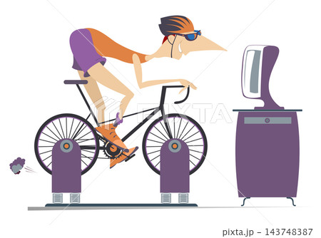 Cyclist trains at home on the exercise bike illustration. Cyclist rides on exercise bike in front of TV or computer isolated on white	 143748387