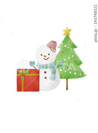 クリスマスツリーと雪だるまとプレゼントのイラスト 143748521