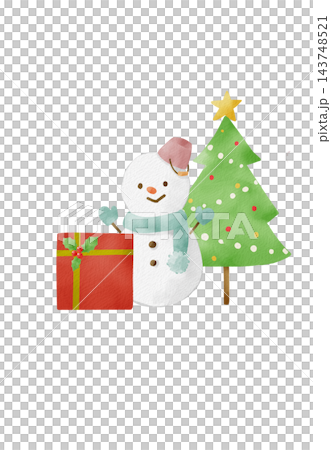 クリスマスツリーと雪だるまとプレゼントのイラスト 143748521