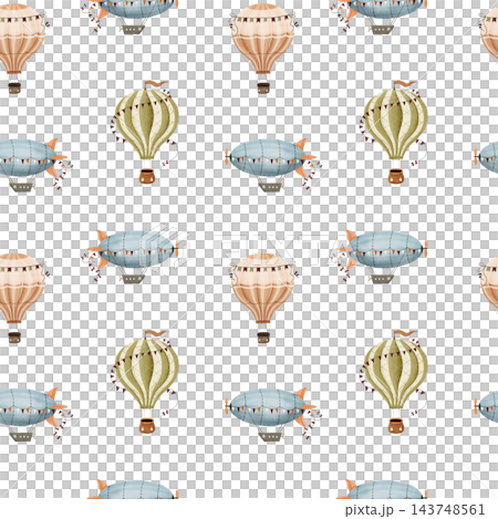 Seamless pattern with watercolor cartoon hot air balloons and airships . Hand-painted. Seamless pattern with watercolor cartoon hot air balloons and airships . Hand-painted. 143748561