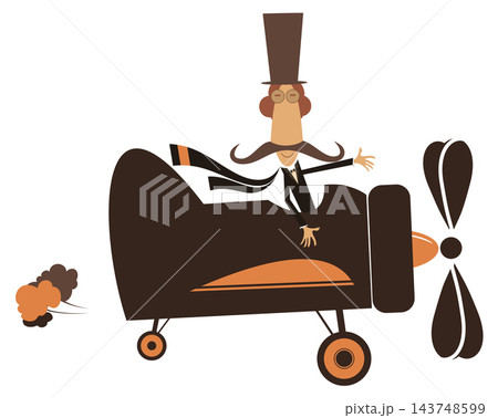 Funny pilot on the airplane illustration. Long mustache man in the top hat flies on the airplane isolated on white illustration	 143748599