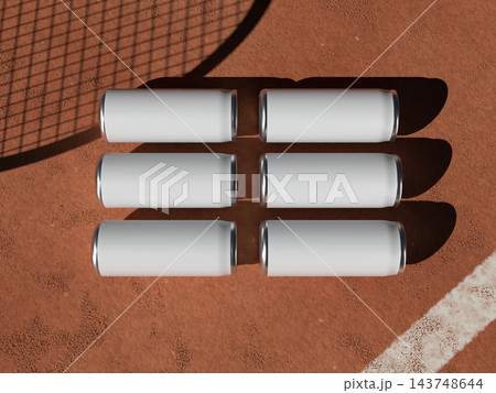 Blank six lying tall cans in a grid top view on a red clay tennis court 3D render 143748644