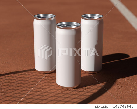 Blank three tall cans in a triangle with racket shadow on a red clay tennis court 3D render Blank three tall cans in a triangle with racket shadow on a red clay tennis court 3D render 143748646