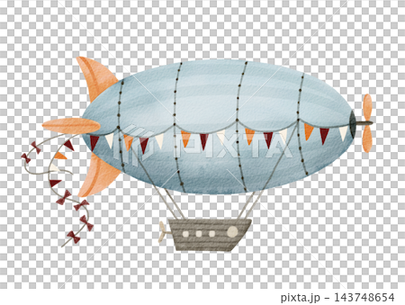 Watercolor cartoon airship with a decorative bunting of flags . Travel-themed illustration. Watercolor cartoon airship with a decorative bunting of flags . Travel-themed illustration. 143748654