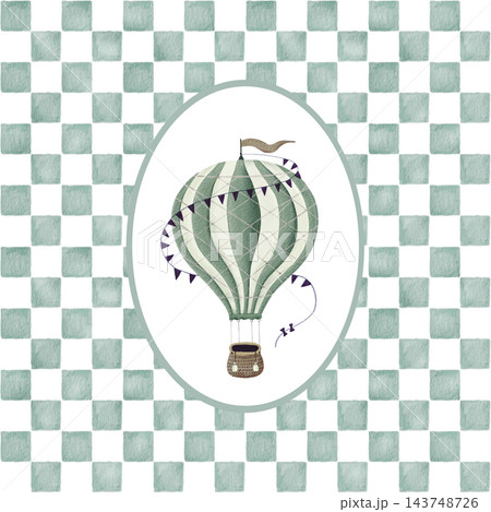 Watercolor hot air balloon in an oval frame against a checkered background. Watercolor hot air balloon in an oval frame against a checkered background. 143748726