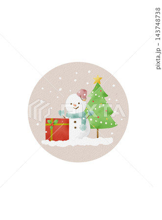 かわいい雪だるまとプレゼントとツリーのイラスト かわいい雪だるまとプレゼントとツリーのイラスト 143748738