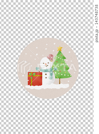 かわいい雪だるまとプレゼントとツリーのイラスト かわいい雪だるまとプレゼントとツリーのイラスト 143748738