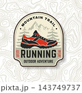 Mountain Trail Running Vintage Badge with Red and Black Trail Running Shoe, Alpine Mountains and Pine Trees, Retro Outdoor Sports Emblem 143749737