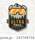 Ultra Trail Running Vintage Badge with Mountain Goggles, Alpine Peaks and Pine Forest, Retro Outdoor Adventure Emblem in Black, Orange and Cream 143749738