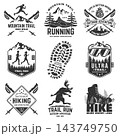 Set of 9 Vintage Outdoor Adventure and Hiking Logos, Mountain Trail Running Emblems with Runners, Hiking Boots, Snow Goggles, Pine Trees and Trekking Poles, Retro Black and White Designs 143749750
