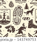 Seamless Mountain Trail Running and Hiking Pattern. Vector. Vintage Wilderness Background with Trail Shoes, Running Badges, Mountain Peaks, Forest Animals, Moose and Hiking Gear. Retro Outdoor Sport 143749753